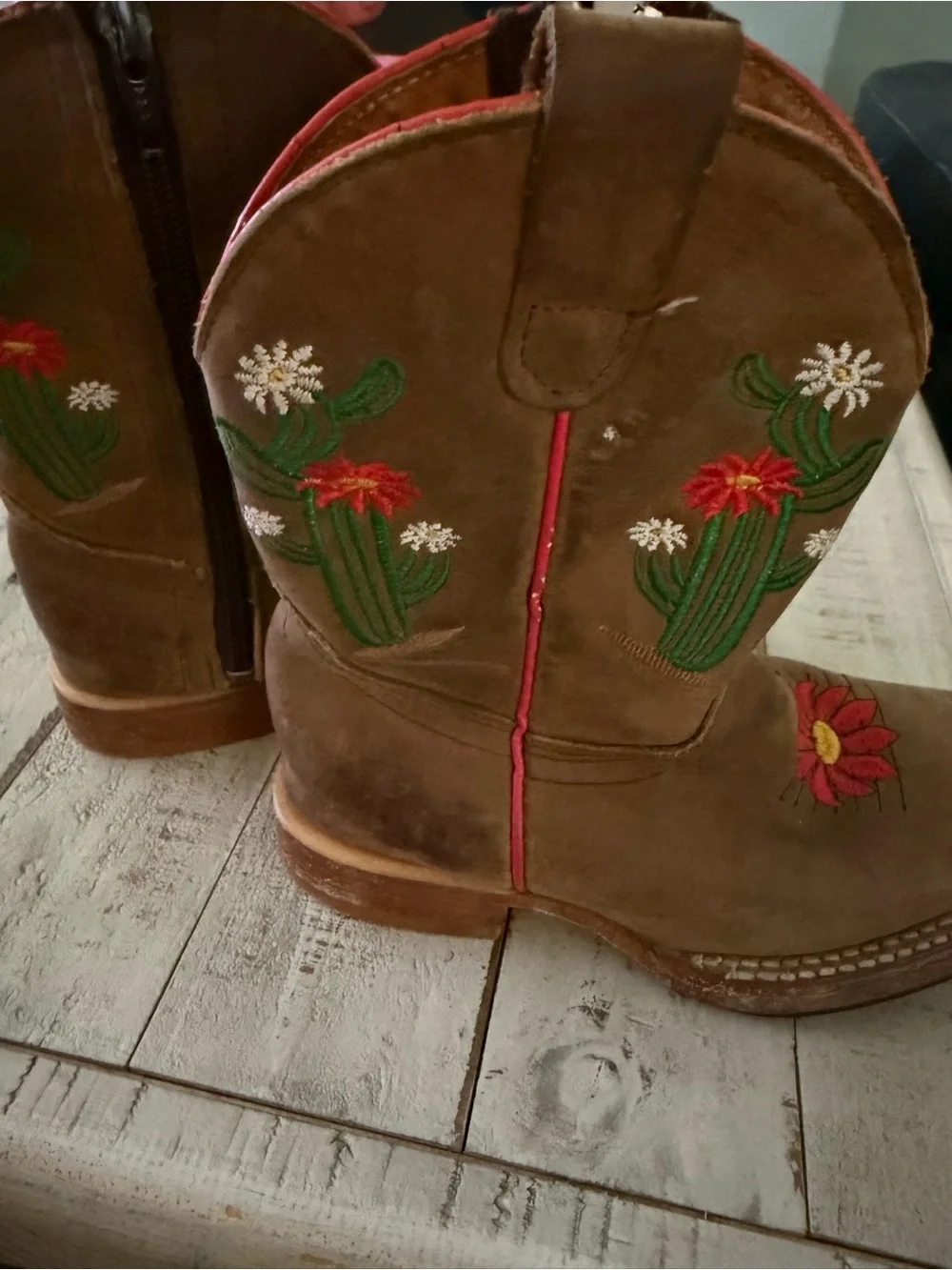 Kids Brown Western Boots with Red Floral Embroidery